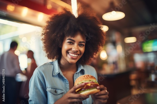 Cheerful Customer Posing with Her Favorite Burger at a Popular Fast Food Restaurant