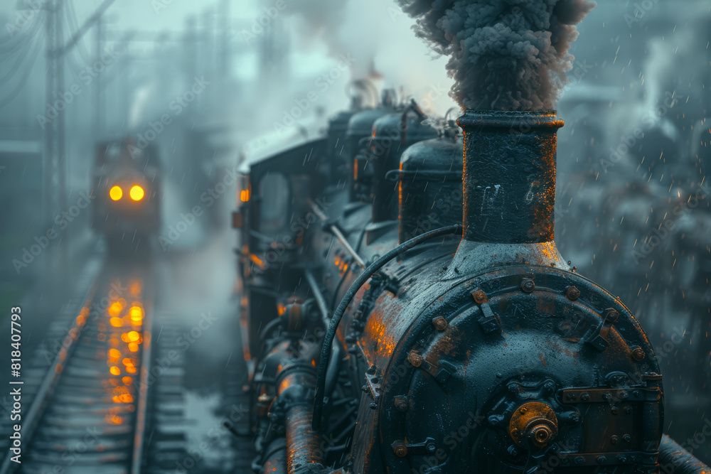 Fototapeta premium A sputtering engine emitting dark smoke, illustrating the pollution and environmental damage caused by fossil fuels. Concept of transportation crisis and climate change. Generative Ai.