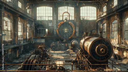 Abandoned Industry, Sunlit interior of old factory with machinery, Forgotten industrial past. photo