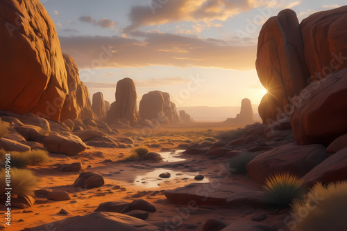 A captivating desert scene echoing Frederick McCubbin's style, showcasing vast red sands, sparse vegetation, rugged rock formations, and a mesmerizing sky