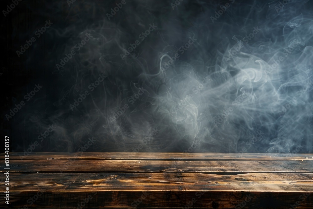 Old wood table top with smoke in the dark background - generative ai Old wood table top with smoke in the dark background - generative ai