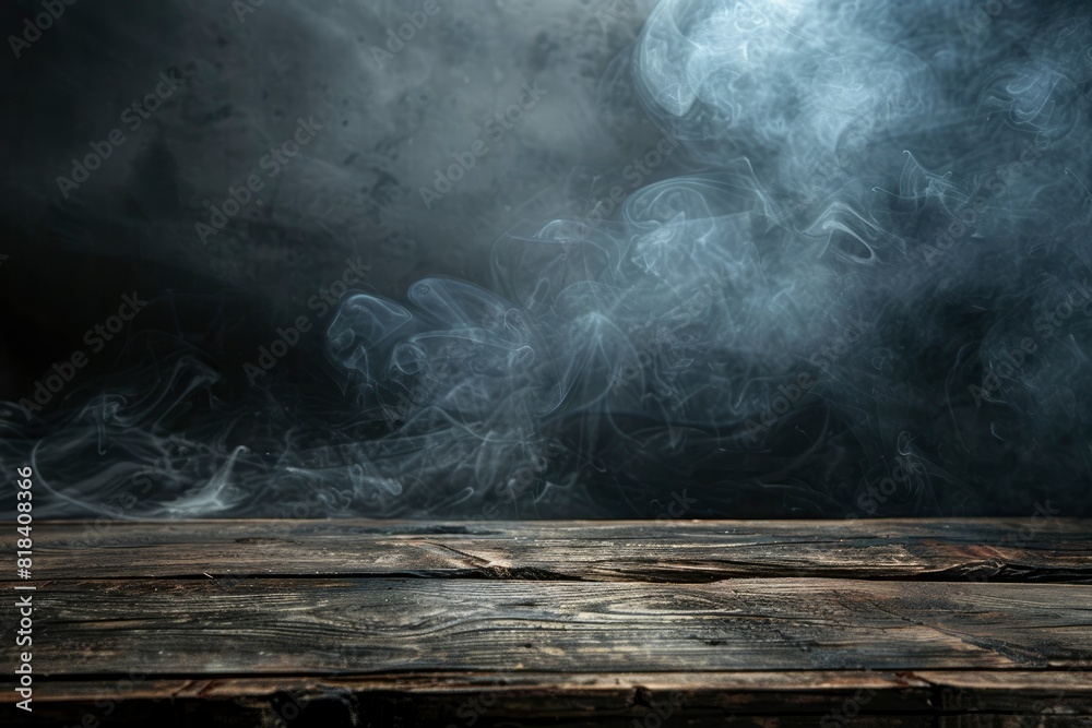Old wood table top with smoke in the dark background - generative ai Old wood table top with smoke in the dark background - generative ai