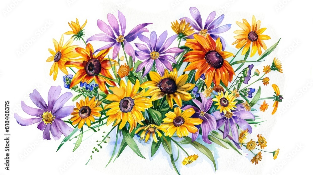 Vibrant watercolor illustration of a bouquet of wildflowers in various hues of purple, yellow, and orange Vibrant watercolor illustration of a bouquet of wildflowers in various hues of purple, yellow, and orange