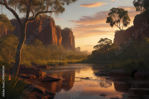 A serene Top End landscape, reminiscent of Frederick McCubbin's style, featuring vast plains, eucalyptus trees, billabongs, and distant mountains