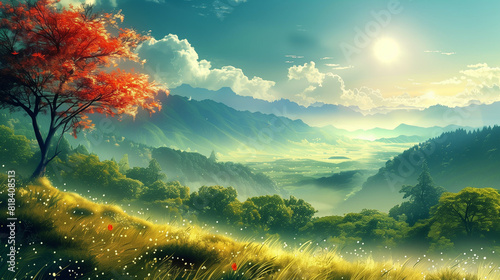 A beautiful landscape painting of an idyllic valley, a tree with red leaves stands on the left side, a grassy meadow in front, the sun shining through clouds, mountains visible far away