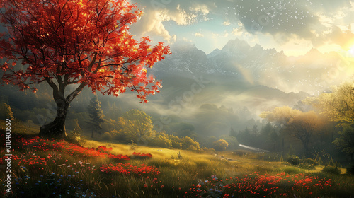 beautiful fantasy landscape, red tree in foreground, flowers and grasses on the ground, misty mountains in background, sun rays shining through clouds, realistic, detaile © Isa