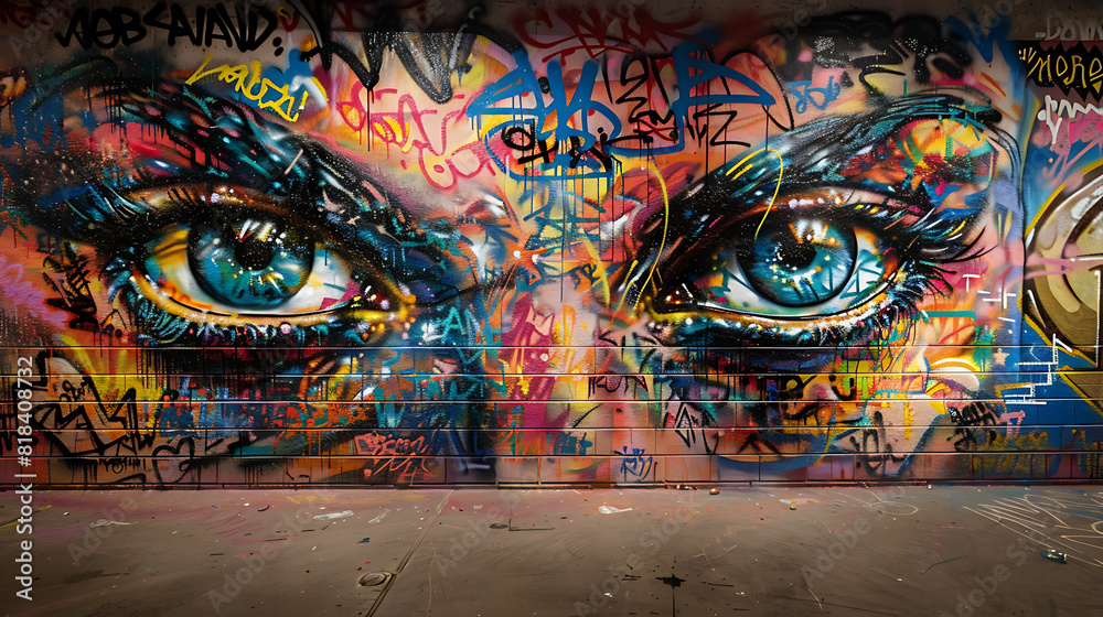 Fototapeta premium The mural features two intensely detailed and expressive eyes. These eyes are surrounded by vibrant, abstract colors and shapes, creating an intense visual effect