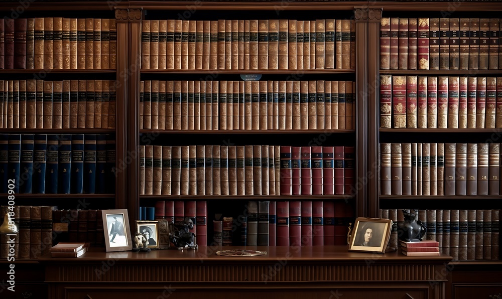 Luxury library interior with bookshelf and lighting in the evening Luxury library interior with bookshelf and lighting in the evening