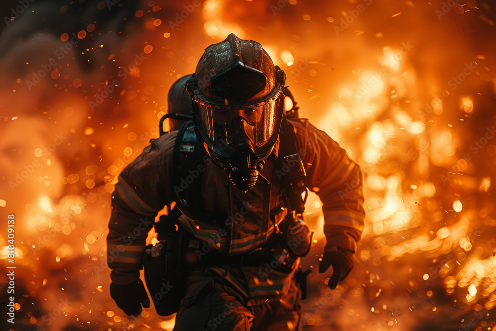 A firefighter rushing into a burning building, selflessly risking their own safety to save others. Concept of heroism and bravery. Generative Ai. A firefighter rushing into a burning building, selflessly risking their own safety to save others. Concept of heroism and bravery. Generative Ai.