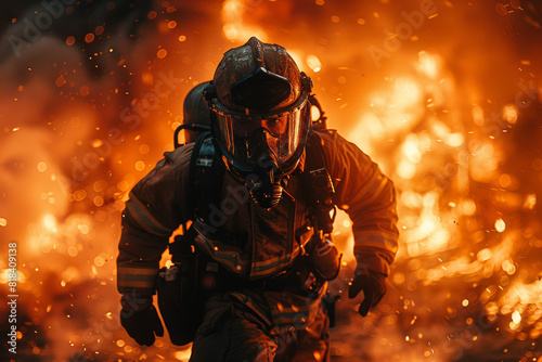 A firefighter rushing into a burning building, selflessly risking their own safety to save others. Concept of heroism and bravery. Generative Ai. © Sebastian