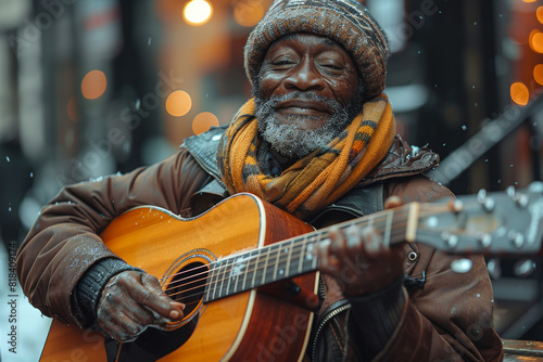 A musician serenading passersby on a busy street corner, filling the air with melodies that uplift the soul. Concept of street performance and cultural enrichment. Generative Ai.