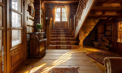 Interior of old house with wooden stairs and sunlight through the window