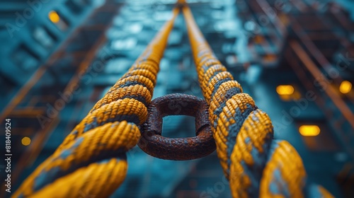 Close-up of sturdy yellow rope and rusted ring in industrial setting