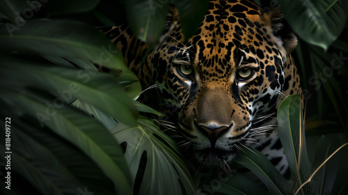 A jaguar stealthily stalking through the lush foliage of the Amazon jungle