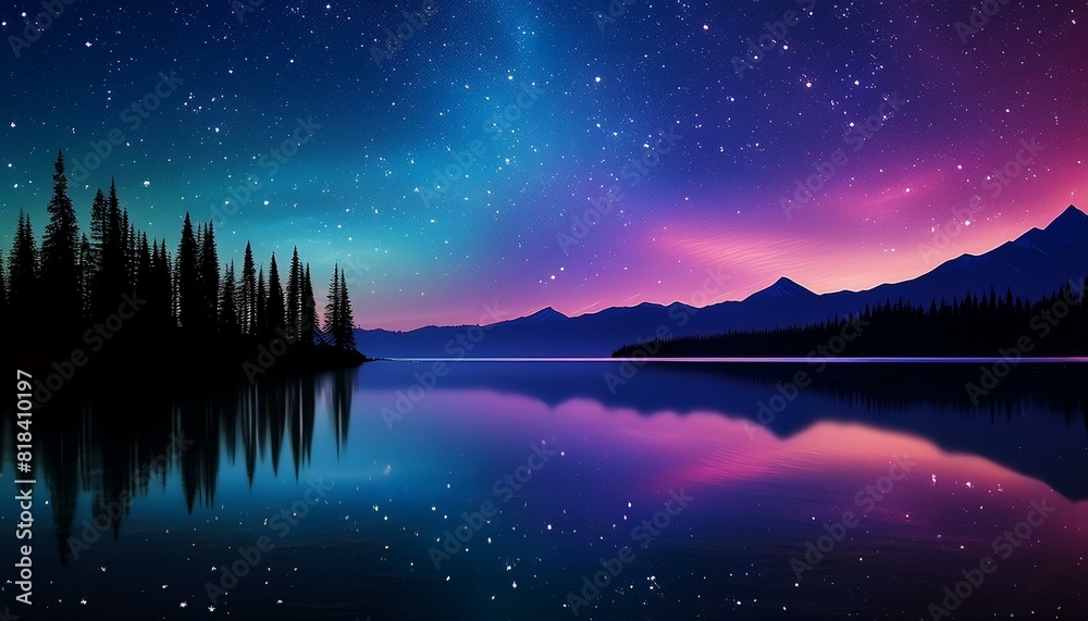 sunrise over the river. A tranquil night sky over a calm lake, with a clear reflection of the starry sky and a soft sunrise over the river. A tranquil night sky over a calm lake, with a clear reflection of the starry sky and a soft