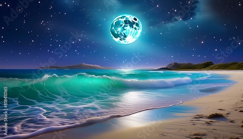 A serene moonlit beach with gentle waves lapping the shore  the sky filled with twinkling 