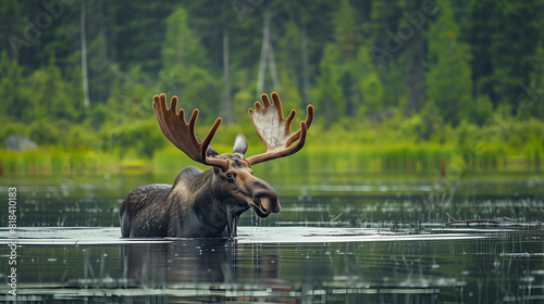 A moose wading through a tranquil lake