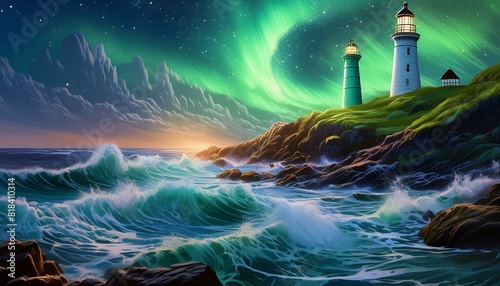 lighthouse on the coast. Gentle waves lapping against a rocky shore  a lighthouse standing tall  a sky full of stars 