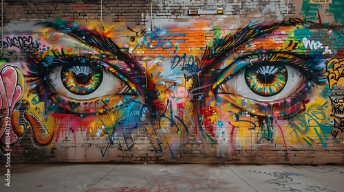 The mural features two intensely detailed and expressive eyes. These eyes are surrounded by vibrant, abstract colors and shapes, creating an intense visual effect