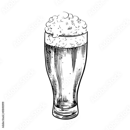 The beer mug is made of glass. Vector engraving for web pages, posters, party invitations. A hand-drawn design element highlighted on a white background. For a pub or restaurant menu, label, poster.