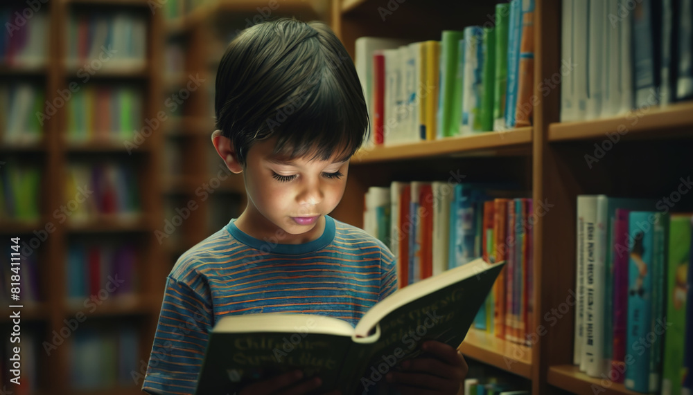 World Book Lovers Day. children are reading a book in the library. A boy is reading a book World Book Lovers Day. children are reading a book in the library. A boy is reading a book