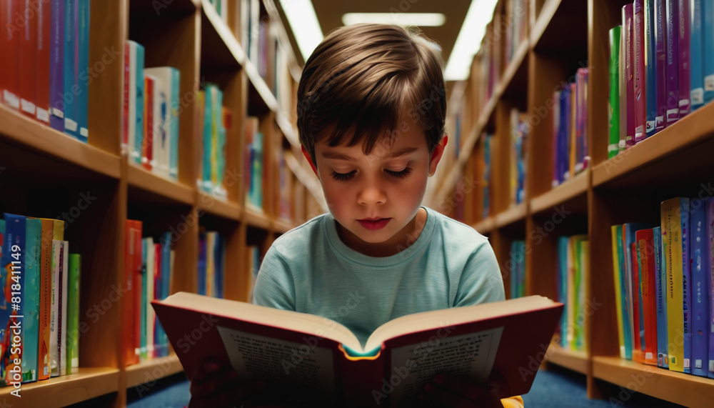 World Book Lovers Day. children are reading a book in the library. A boy is reading a book World Book Lovers Day. children are reading a book in the library. A boy is reading a book