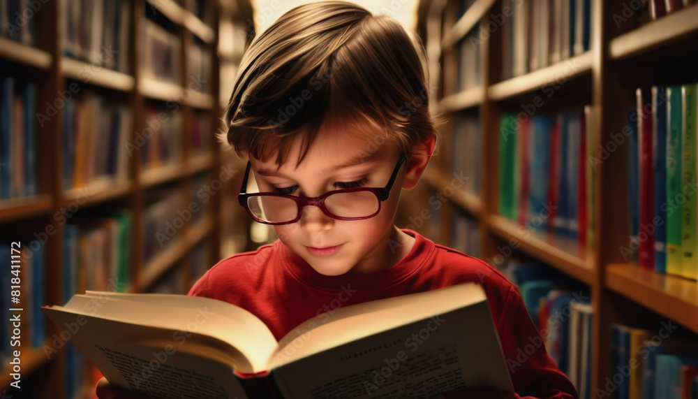 World Book Lovers Day. children are reading a book in the library. A boy is reading a book