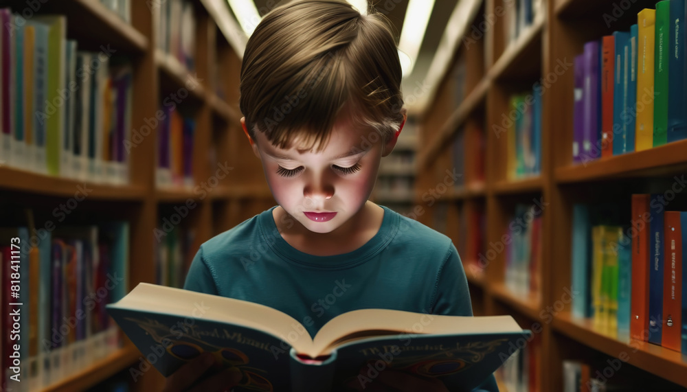 World Book Lovers Day. children are reading a book in the library. A boy is reading a book World Book Lovers Day. children are reading a book in the library. A boy is reading a book