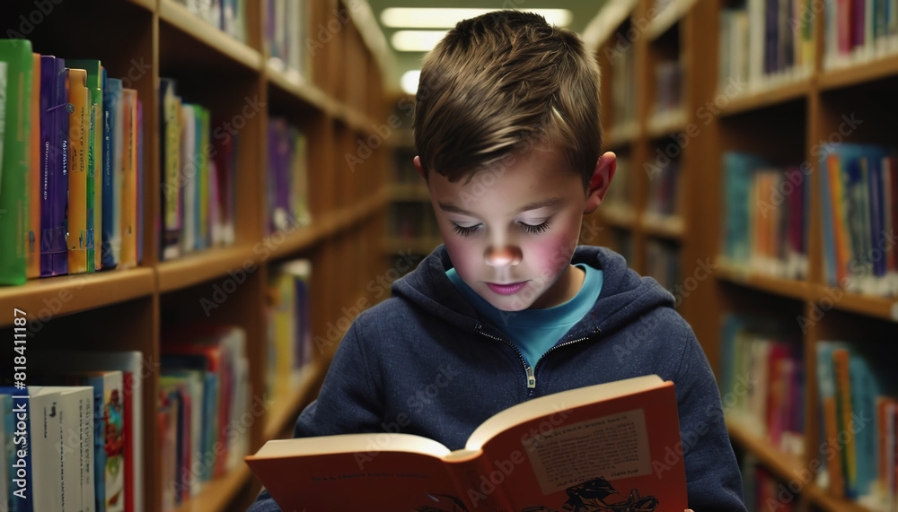 World Book Lovers Day. children are reading a book in the library. A boy is reading a book World Book Lovers Day. children are reading a book in the library. A boy is reading a book