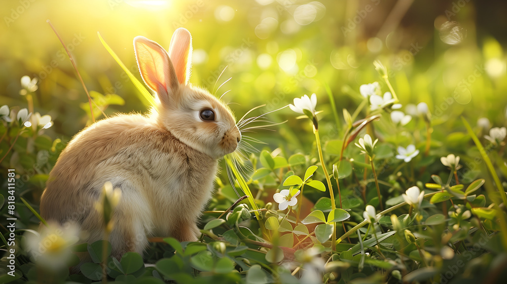Fototapeta premium A rabbit nibbling on fresh clover in a sun-dappled meadow