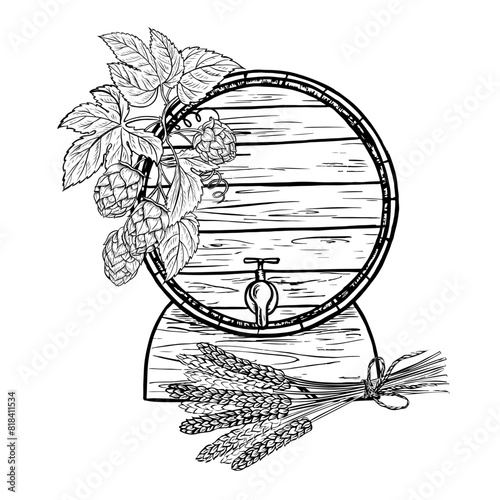 Wooden beer barrel, hops and malt. Black and white vector illustration, hand-made in the style of engraving. Great for bar or restaurant menus, labels, posters. For printing and packaging.