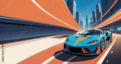 Comic book style Race Car in a futuristic city 