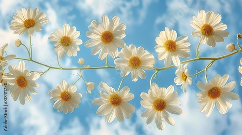Watercolor painting of a daisy chain woven together with bright yellow and white petals against a blue sky