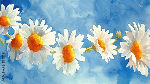 Watercolor painting of a daisy chain woven together with bright yellow and white petals against a blue sky