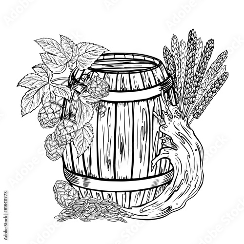 Wooden beer barrel, hops and malt, a splash of beer. Black and white vector illustration, hand-made in the style of engraving. Great for bar or restaurant menu, label, poster. For printing, packaging.
