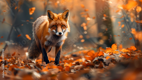 A red fox prowling through a sun-dappled forest