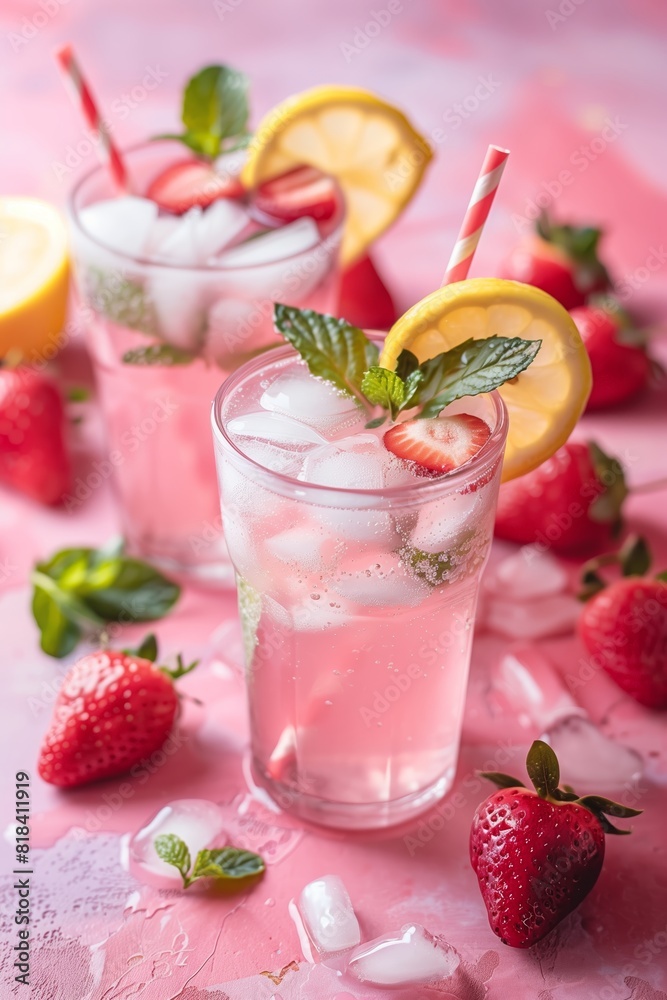 A glass of fizzy strawberry lemonade with ice cubes, garnished with fresh fruit, on a pink background with props. A glass of fizzy strawberry lemonade with ice cubes, garnished with fresh fruit, on a pink background with props.