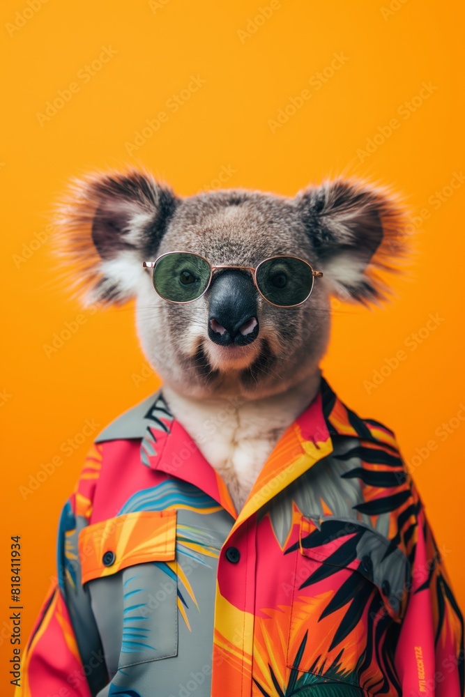 An imaginative portrait of a koala with sunglasses, dressed in a vibrant tropical print shirt on an orange background.