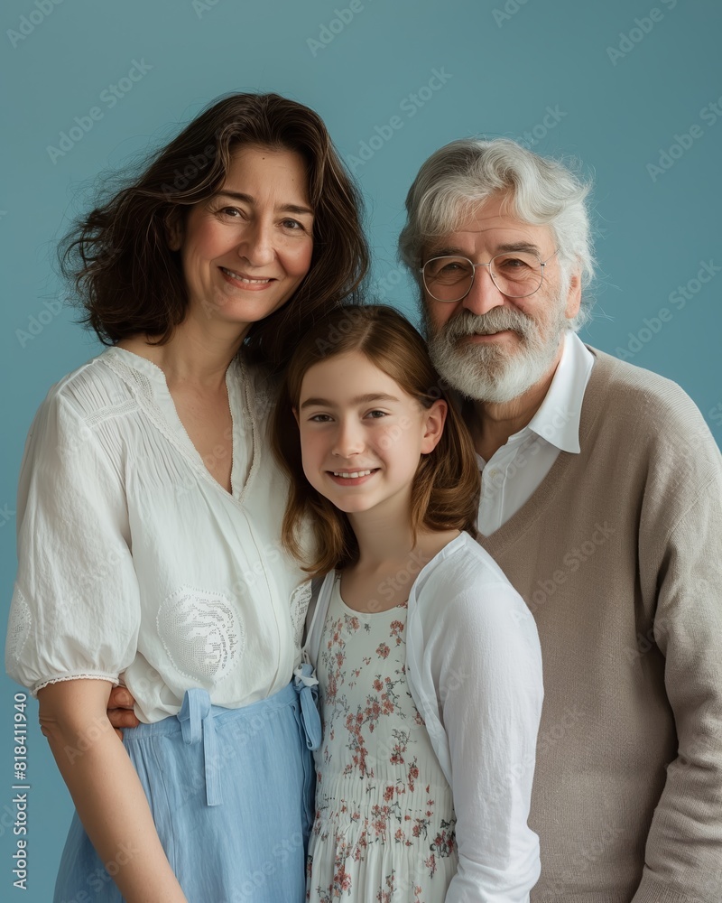 A warm family portrait featuring grandparents and their young granddaughter against blue background. A warm family portrait featuring grandparents and their young granddaughter against blue background.