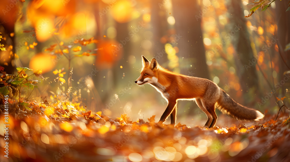 Fototapeta premium A red fox prowling through a sun-dappled forest