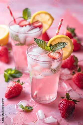 A glass of fizzy strawberry lemonade with ice cubes, garnished with fresh fruit, on a pink background with props.