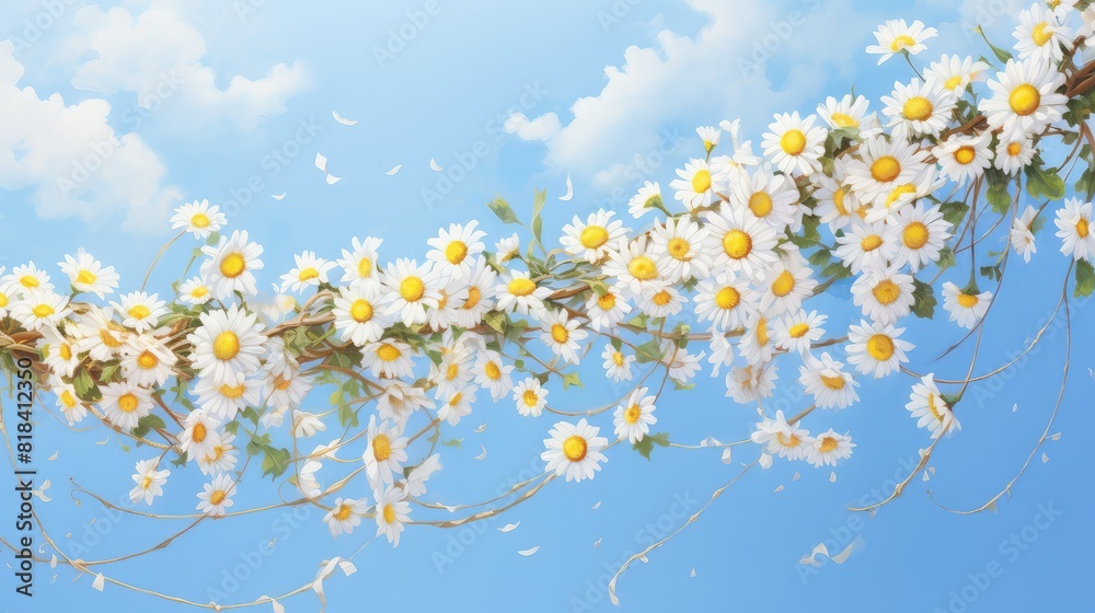 Watercolor painting of a daisy chain woven together with bright yellow and white petals against a blue sky