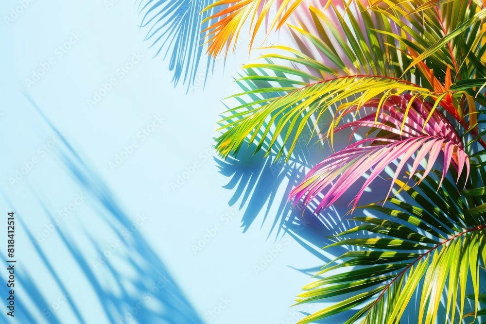 Fototapeta premium Colorful palm tree leaves background with copy space for text. Floral pattern wallpaper with shadows from shining sun