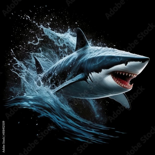 Fierce Shark with Dynamic Water Splashes on Black