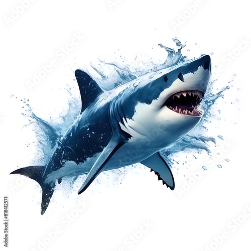 Dynamic Shark with Splashing Water on White