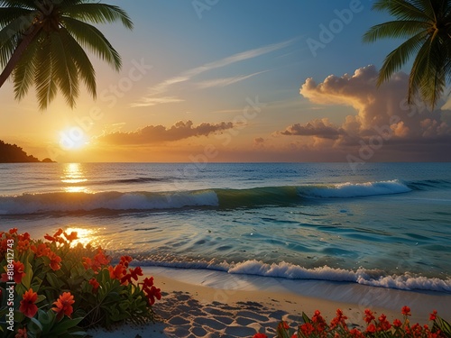 Tropical paradise scene, beach, sand, sunset, beauty, pearl, paint, © Ahmad