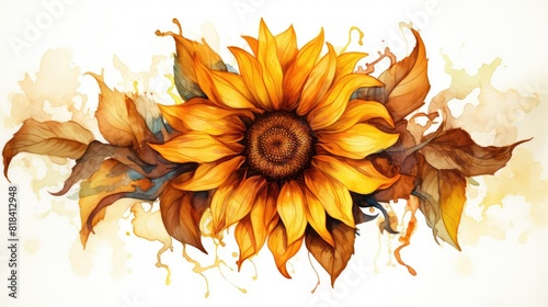 Watercolor sketch of a sunflower reaching towards the sun with its golden petals and rich brown center photo