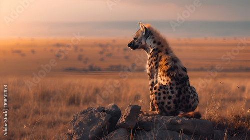 A hyena surveying the African savannah from a rocky outcrop photo