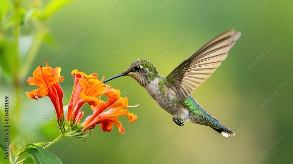 hummingbird is sucking nectar, blurry green background