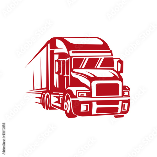 Illustration of a truck with a transport trailer on a white background. Red color. Suitable for logistics, shipping, transportation and cargo concepts.